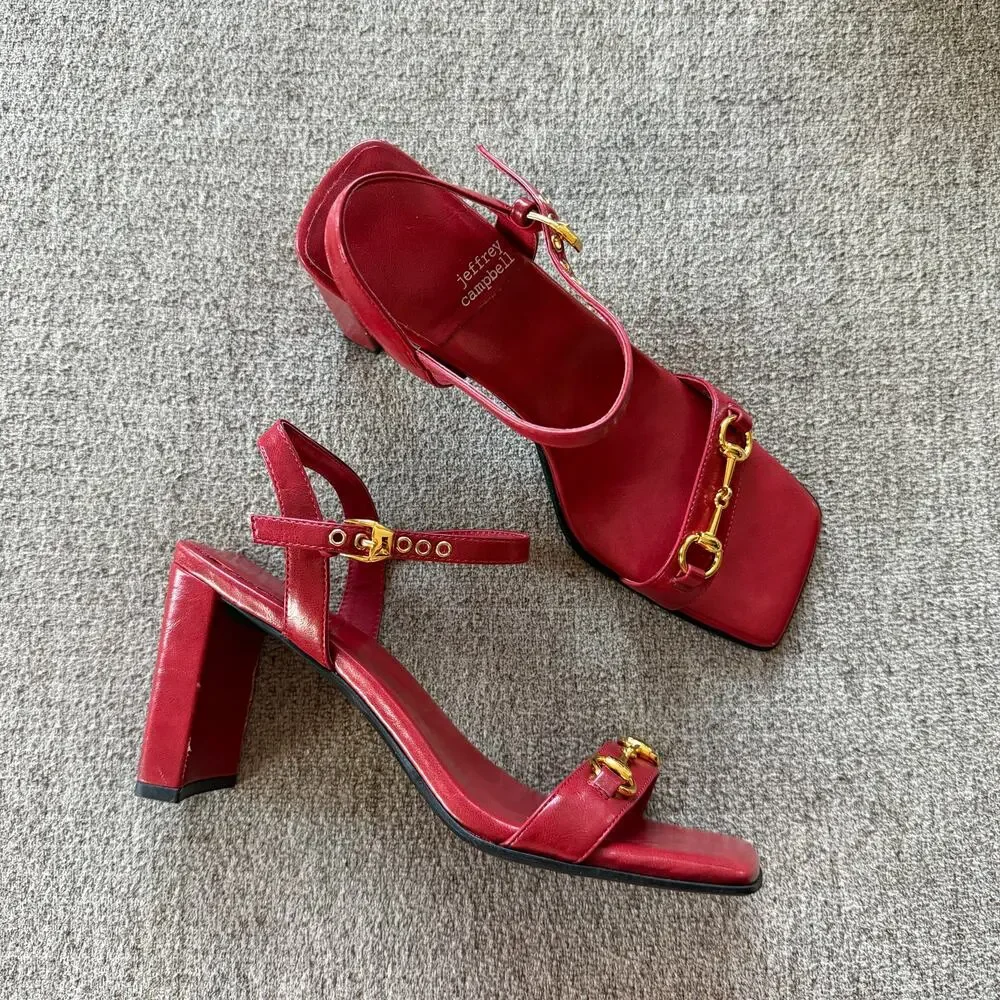 Jeffrey Campbell Lively Red Leather Horsebit Sandal Heels Size 8